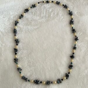 Pearl, bead and polished stone necklace.